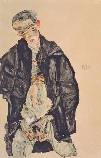 Selbstbildnis als Halbakt in schwarzer Jacke von Egon Schiele